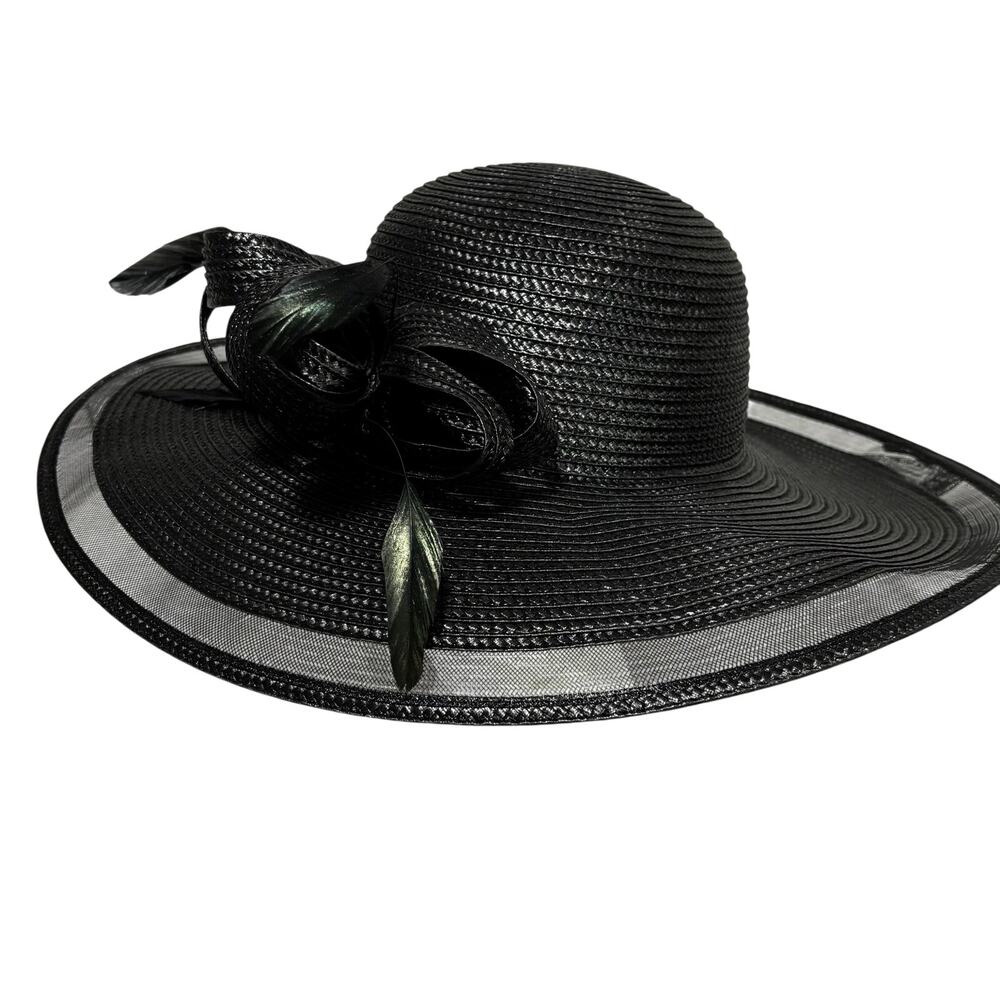 Bellisima black synthetic straw sun hat wide illusion brim bow & feathers drama